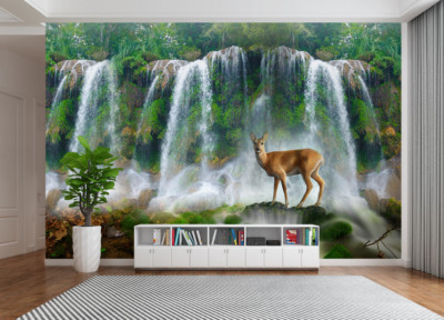 3D Waterfall Deer ZHU2153 Wallpaper Wall Mural Print Removable Self-adhesive Amy