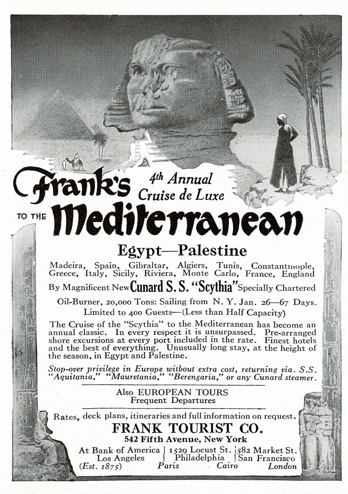 1920s Frank Tourist Co Egyptian Sphinx Art Cunard Scythia Cruise Old ...