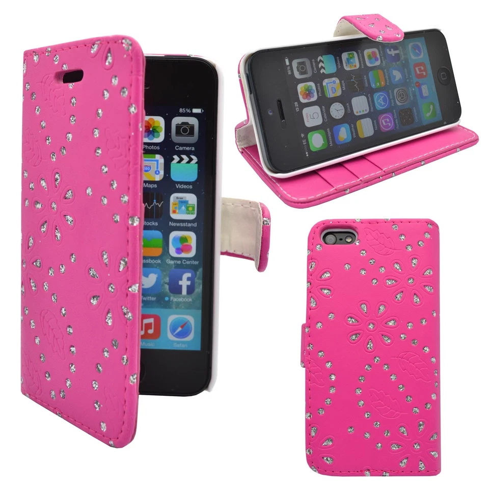 CASE FOR APPLE IPHONE 5 5S GLITTER WALLET FLIP IN VARIOUS COLOURS POUCH COVER - Image 3 of 4