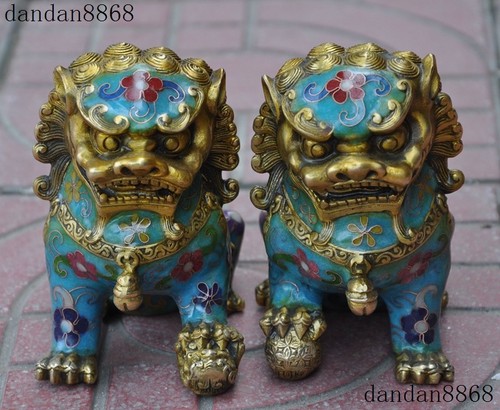 Old Chinese bronze Cloisonne Feng shui Auspicious Lion Foo dog Beast Statue Pair - Picture 2 of 12