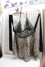 VICTORIA'S SECRET Leopard Lace satin CHEMISE /Babydoll Slip Low Backless Tie M
