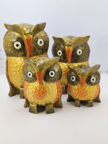 OWL figure Wood Wooden Hand carved Statue Beautiful Hand artwork SET OF 4 AND 5 - Picture 3 of 36