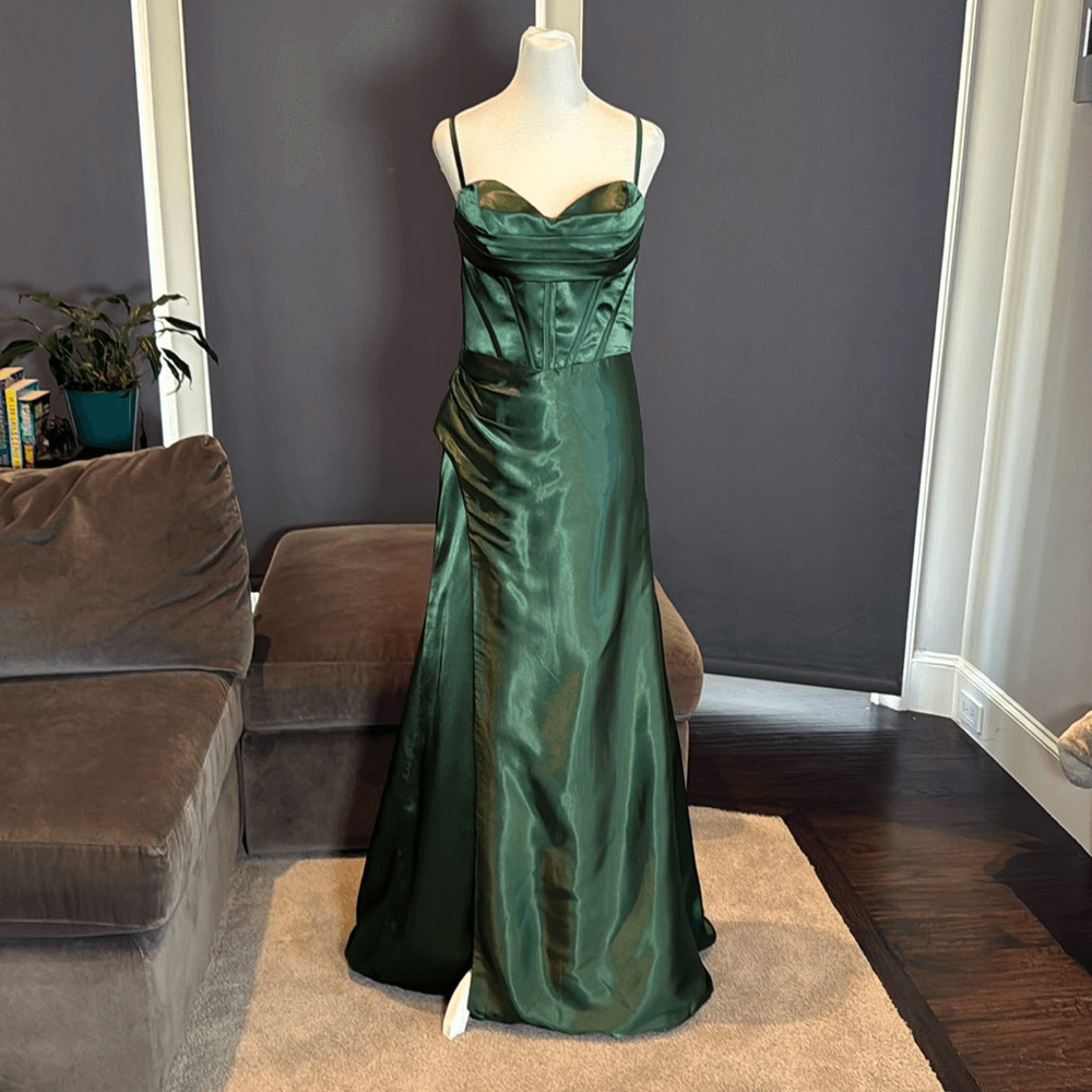 Women's Green Full Length Prom Dress Criss Cross Back Straps Leg Slit Size  4 | eBay