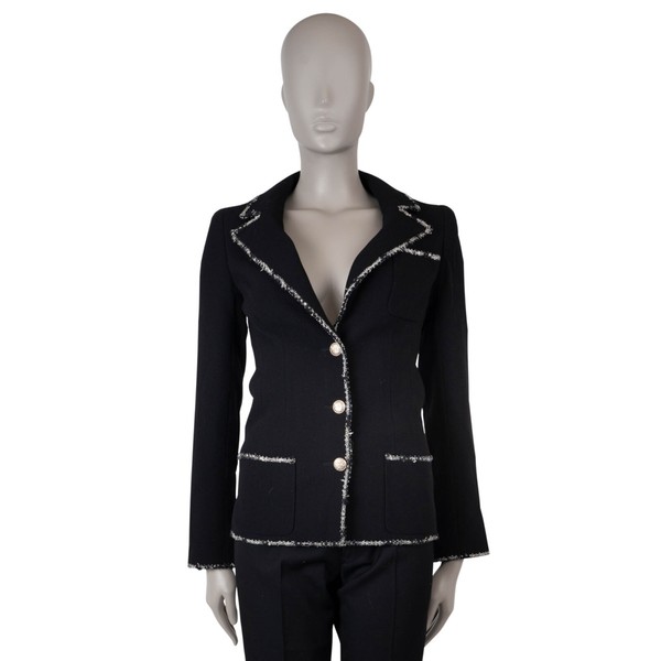 70806 authentisch CHANEL schwarz Wolle 2005 05C TWEEDBESATZ COLLAGE Blazer Jacke 34 XXS