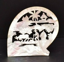 ATQ Mother Of Pearl FAN Carved Pierced Shell Chinese Scene Trees Oxe Farmer