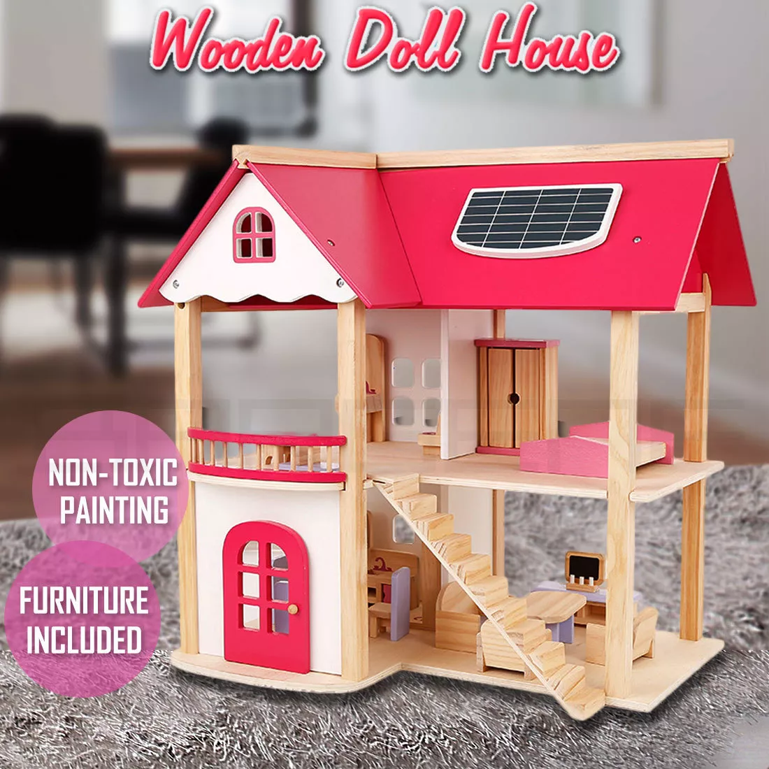 Wooden DIY Dolls Doll House 3 Level Kids Pretend Play Toys Full