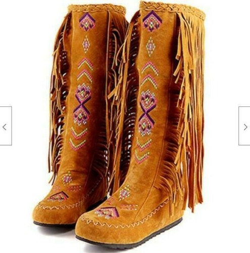 Women's Knee High Boot Embroidered Indian Moccasins Flat Tassels Riding Shoes - Picture 9 of 28