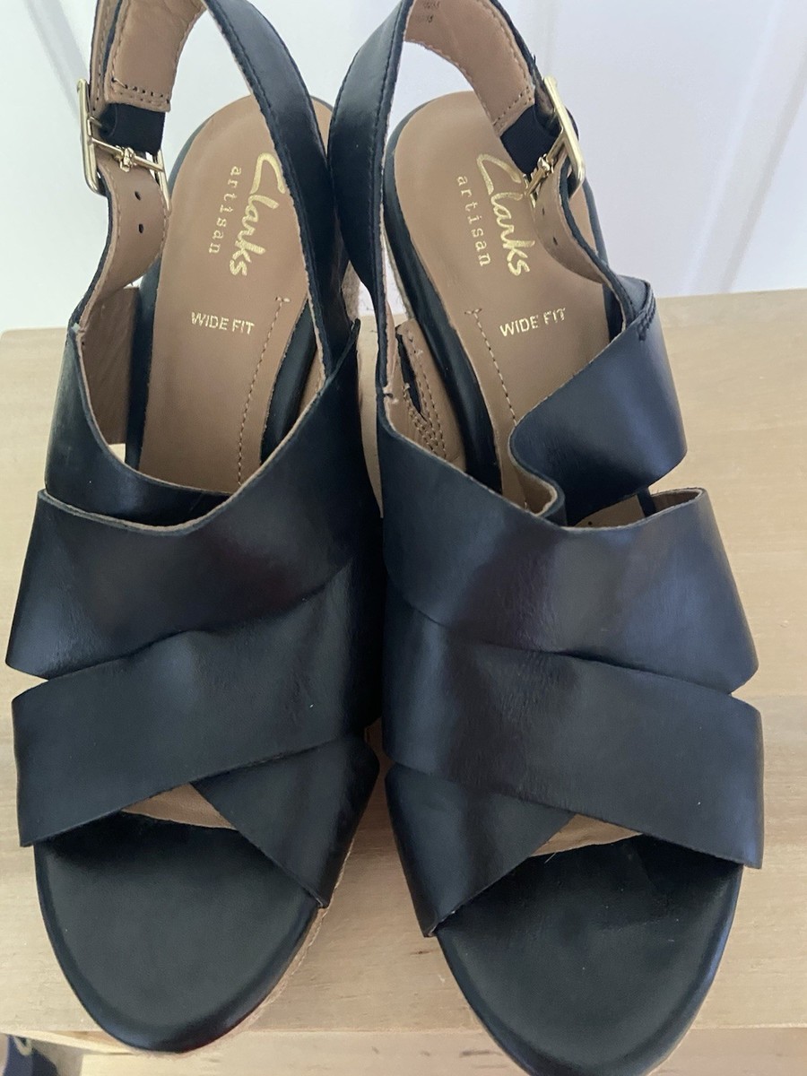 Clarks Black Leather wedges Size Wide Fit E UK