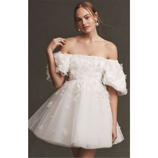 BHLDN Cleo Ivory Tulle Mini Dress NWT Size 8 Bridal Puff Sleeve $498