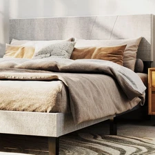 Queen Size Wood Bed Frame Wooden Platform Bed Foundation with Headboard Beige