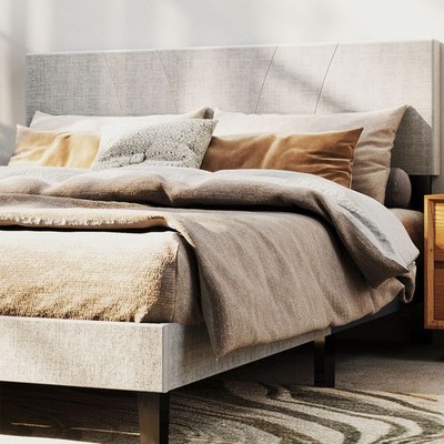 Queen Size Wood Bed Frame Wooden Platform Bed Foundation with Headboard Beige