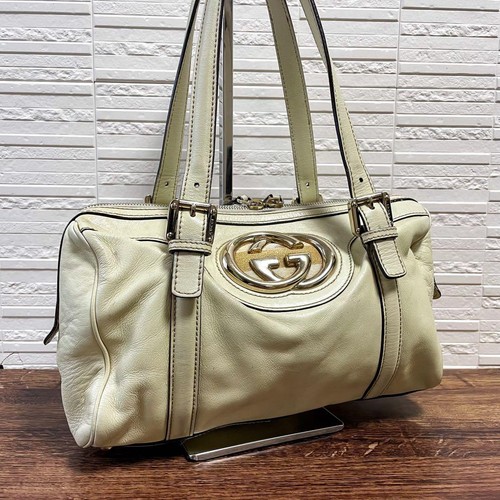 Gucci Web Stripe Interlocking G Leather White Boston Bag Pre-Owned Women Purse