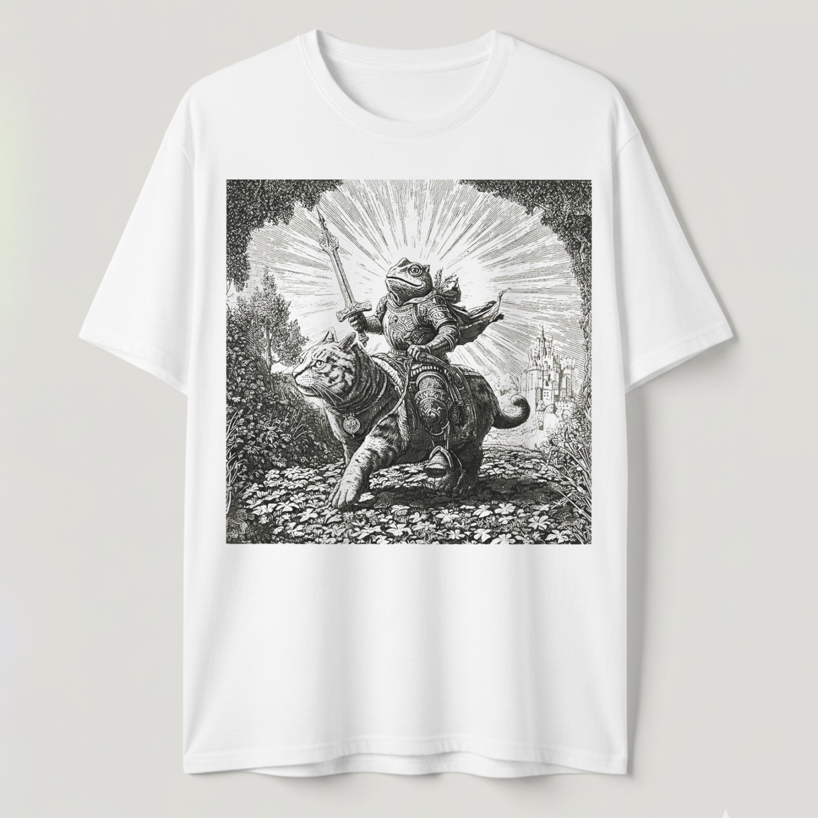 Frog Riding a Cat T-Shirt Funny Medieval Fantasy Toad Warrior Vintage Art Tee