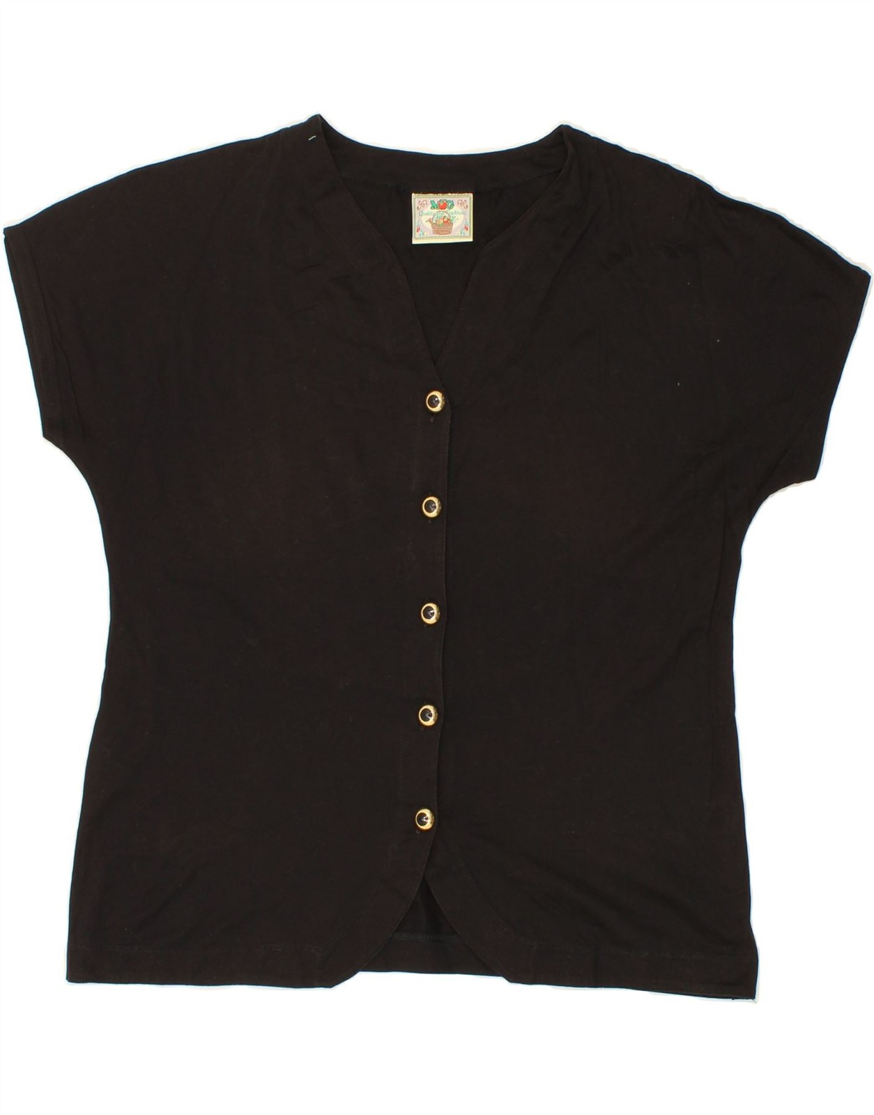 VINTAGE Womens Short Sleeve Shirt Blouse UK 16 Large Black Cotton BN11