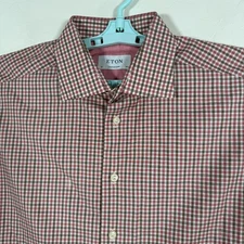 Eton Shirt Mens 16.5 White Red Contemporary Button Up Long Sleeve Plaid Cotton
