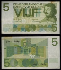 April 26, 1966 Netherlands 5 Gulden Banknote Joost van den Vondel Pick 90a VF++
