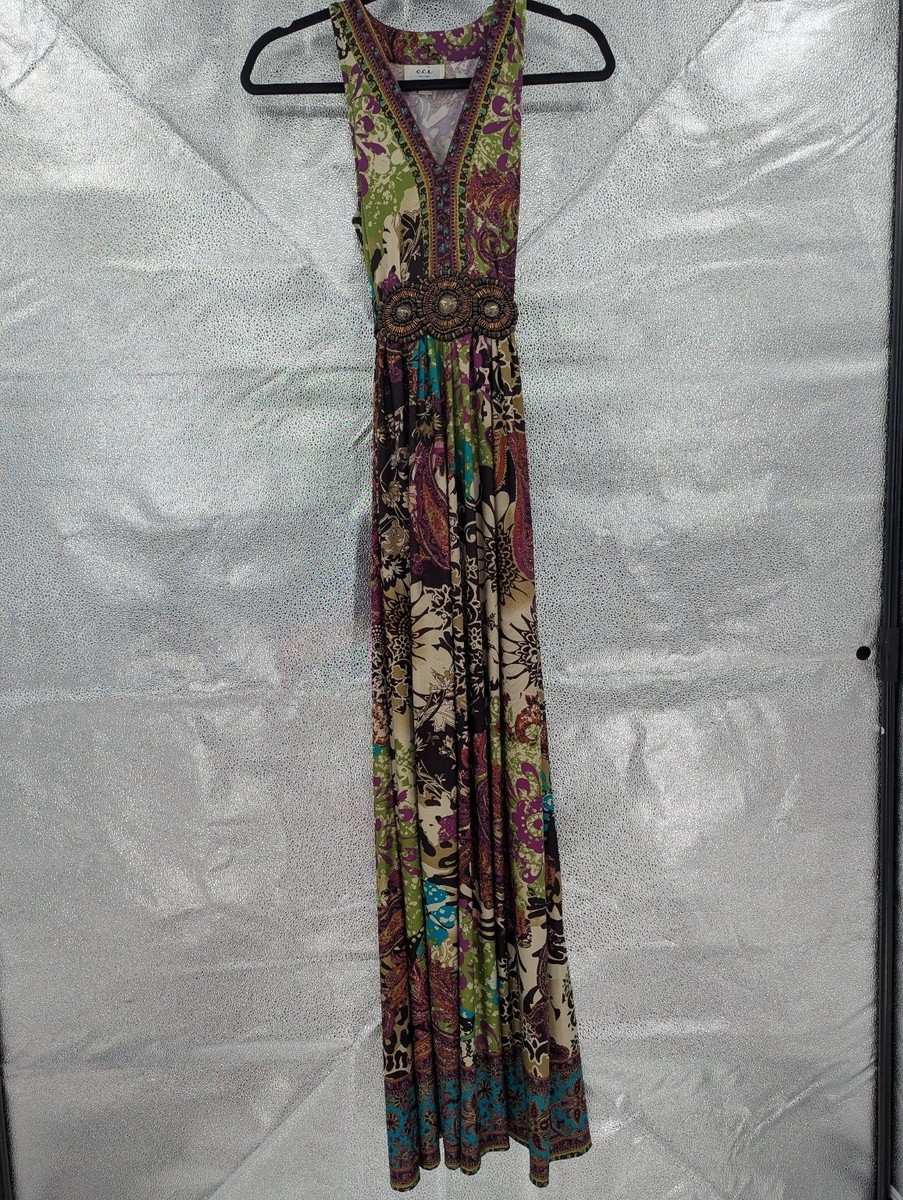 eci New York Women's Maxi Dress Size 8 Floral Beaded Waistband Boho | eBay
