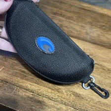 Costa Del Mar Sunglasses Hard Zip Up Clam Shell Case Black w/Blue Logo With Clip