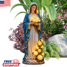 Virgin Mary Garden Light, Mary Statue With LED Glowing Roses Resin Blessed Decor