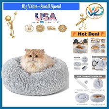 Washable Faux Fur Dog Bed 16-inch Calming Donut Cuddler for Small to Medium D...