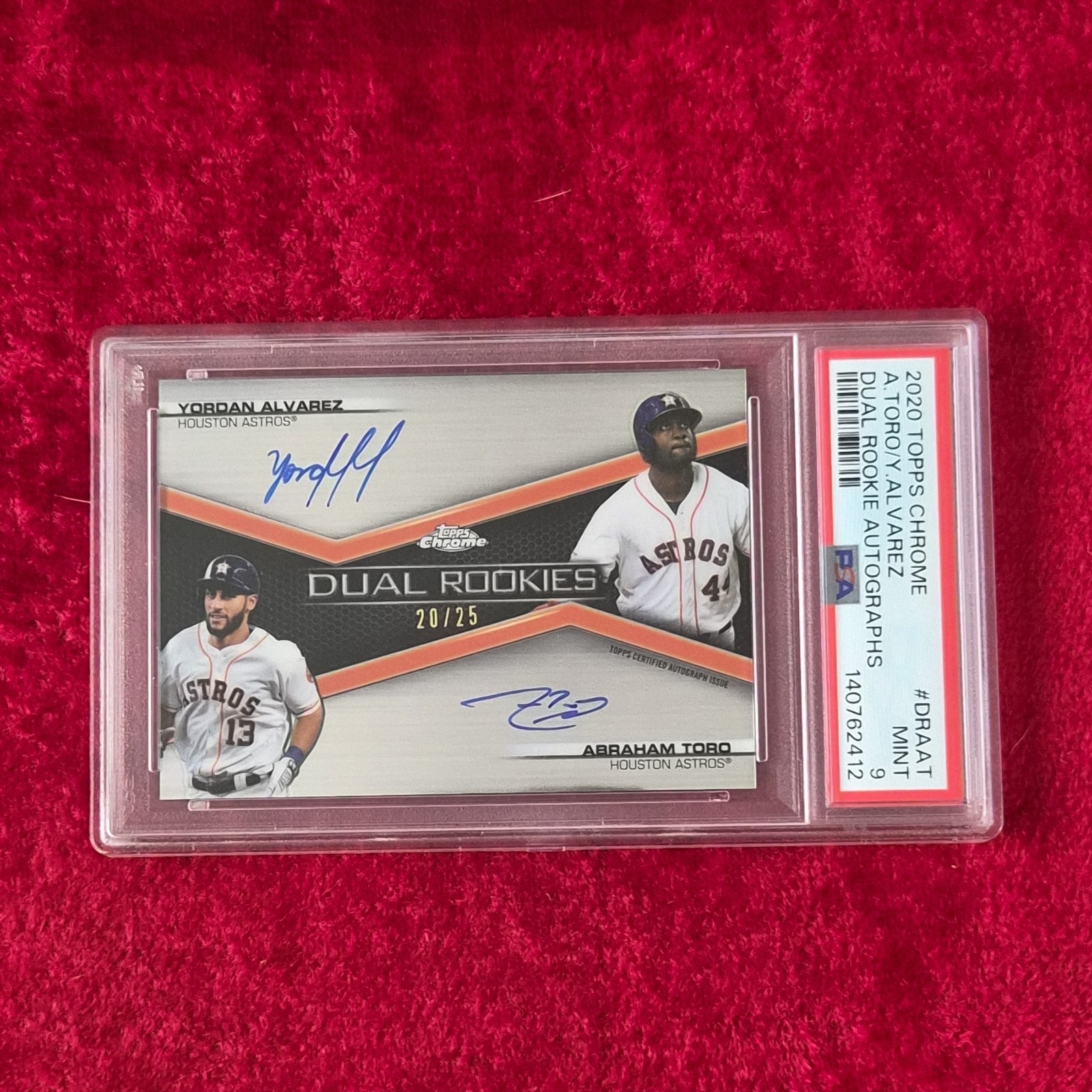 Yordan Alvarez 2020 Topps Chrome RC /25 PSA 9 Dual Rookie Autograph Astros Auto view 3