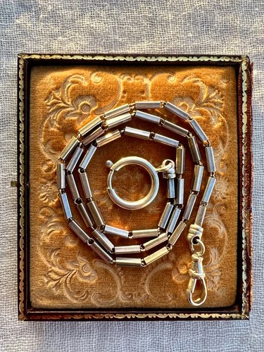 Art Deco Sterling Silver Bar Link Watch Chain 19.25” Lge Spring Ring & Dog Clip