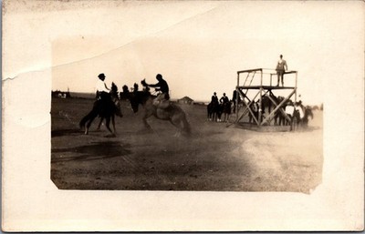 Vintage Real Photo Postcard Wild West Show Rodeo Bucking Bronc Cowboys RPPC