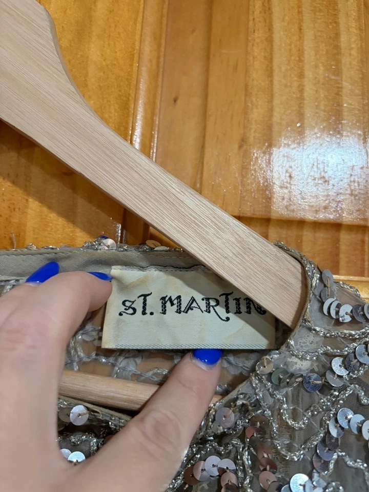 Vintage St. Martin Silver Sequin Beaded Blouse Top 80s Batwing Dolman - Image 3 of 4