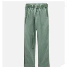 Zara Cotton Mid Rise Green Pants Contrasting Belt Elastic Waistband Size XL