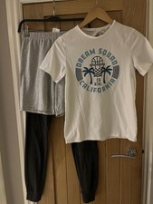 H&M Boys 3 Price Pyjamas Set T-shirt Shorts Cuffed Trousers Grey & White  12-14