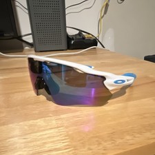 Oakley Radar EV Cycling Sunglasses Shield Blue Mirrored Lens White Frame
