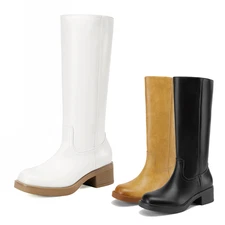 Women Chic Knee High Boots Block Heel Square Toe Banana Campus Riding Boots
