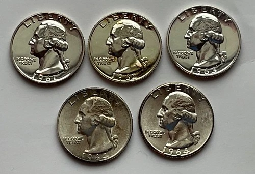 washington Silver Quarters three proof 1961,62,63,and two business 1964d ,1964p