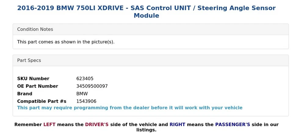 BMW 750LI XDRIVE 2016-2019 - Unidad de control SAS / Módulo de sensor de ángulo de dirección Foto 3 de 4