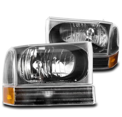 99-04 FORD F250 F350 F450 SUPERDUTY EXCURSION HEADLIGHT W/BUMPER BLACK 1PC STYLE