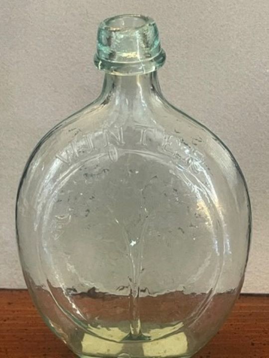 ANTIQUE LIGHT AQUA GLASS SUMMER-WINTER PICTORIAL FLASK GX-15