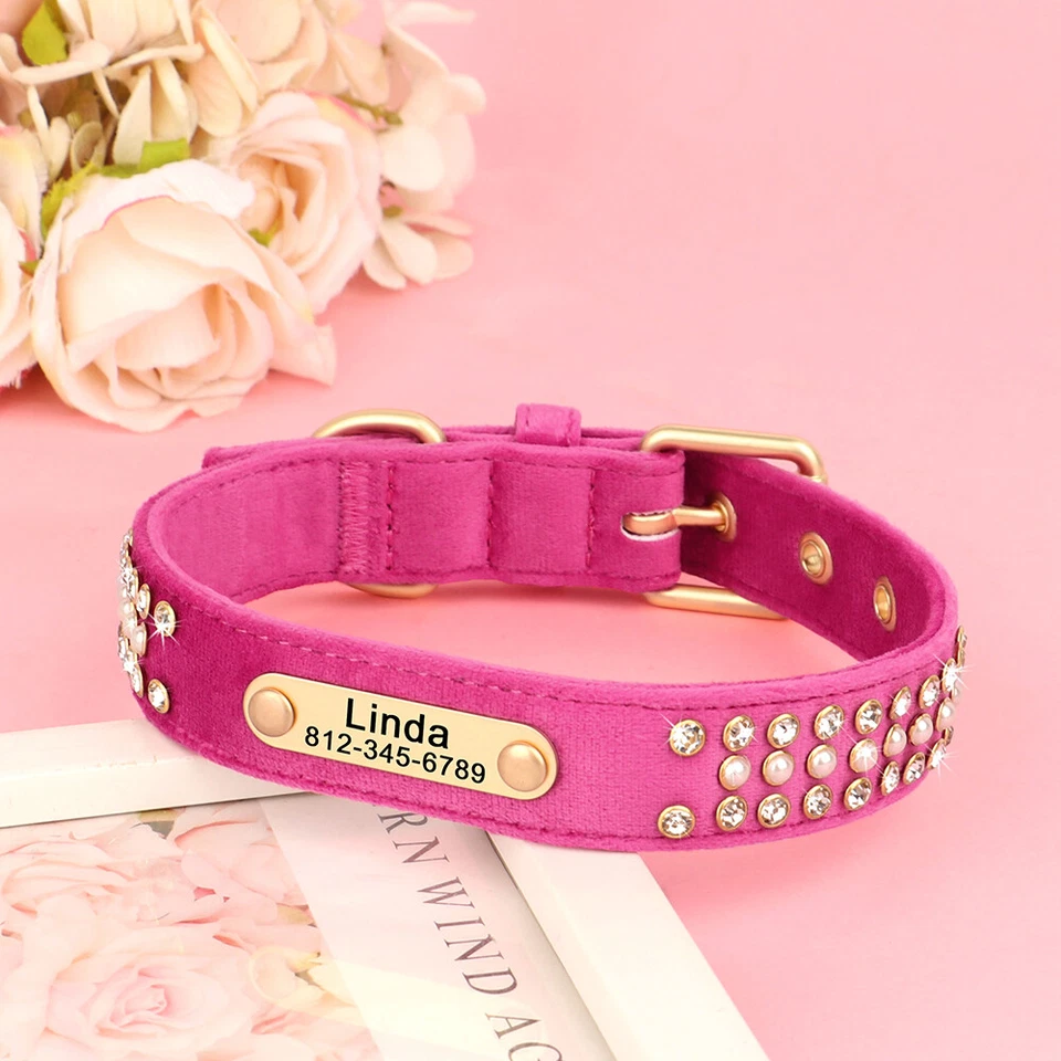 Collar de perro personalizado de terciopelo suave con número de nombre hebilla de metal grabado S M L Foto 4 de 4