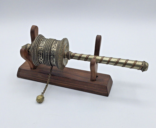 Vintage Tibetan Prayer Wheel Silver Tone Buddhist With Prayer Scroll with Stand