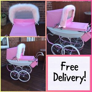 pink pram with fur hood