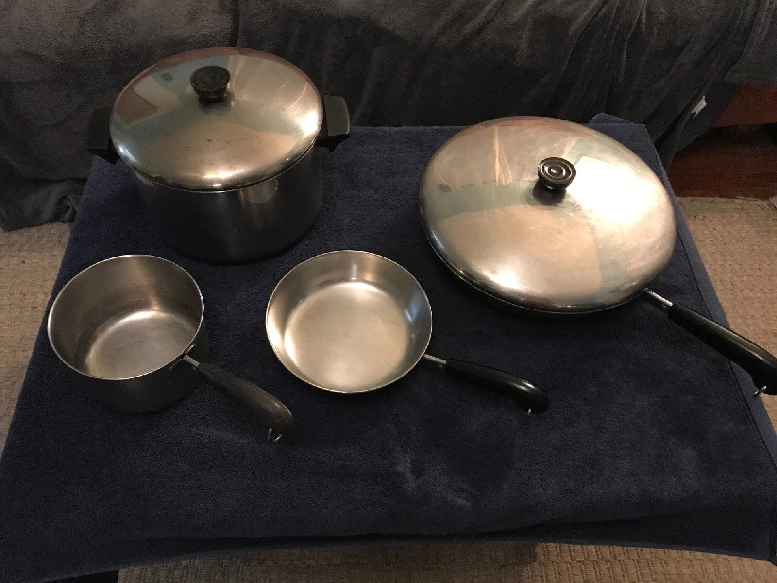 Vtg Revere Ware Copper Bottom Stainless Steel 78 6 & 1 1/2 Qt Pot 12” & 7” Pan