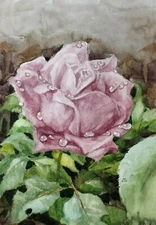 Rose Rain Original Watercolor Painting Pink Purple Flowers Artwork Floral Art