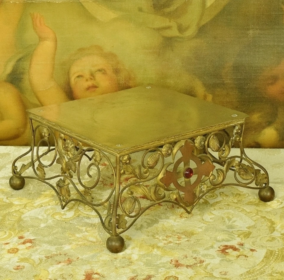 Antigua custodia religiosa francesa de latón dorado renacimiento gótico Thabor, soporte Foto 3 de 4