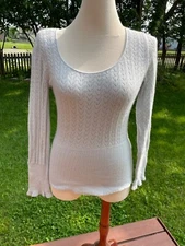 Express White Off-Shoulder Sweater M Angora Wool Blend Knit Ribbed Fitted Long S