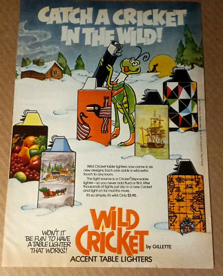 1974 print ad page -Wild Cricket cigarette Lighters vintage Gillette  ADVERTISING