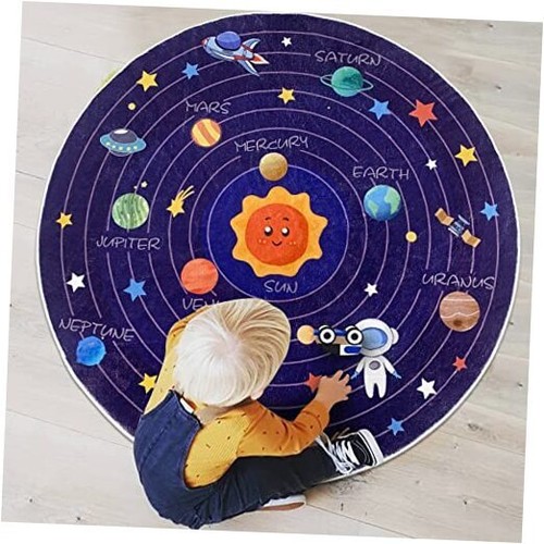 Kids Playmat Round Bedroom Rug Outer Space Nursery Rug Circle Floor 4Ft Blue