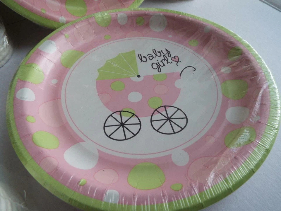 lot of Baby GIRL pink Plates and Cups Baby Carriage 36 ~ 8" plates 48 cups 9 oz - Image 3 of 4