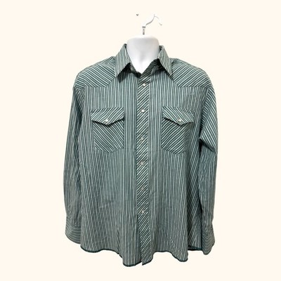 Wrangler Western Mens Green Striped Pearl Snap Point Collar Shirt 2XL Flaw