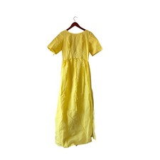 Vintage 60s Yellow Chiffon Maxi Dress Cape Back Bow Empire Waist Floral Damask