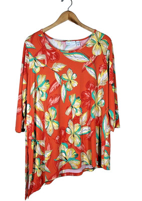 Susan Graver Womens Top Blouse  Sz 1X Floral Asymmetric 3/4 sleeve Stretchy Soft