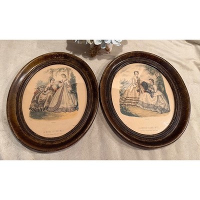Vintage La Mode Illustree French Fashion Prints Pair Oval Wood Frames 1950-1960s